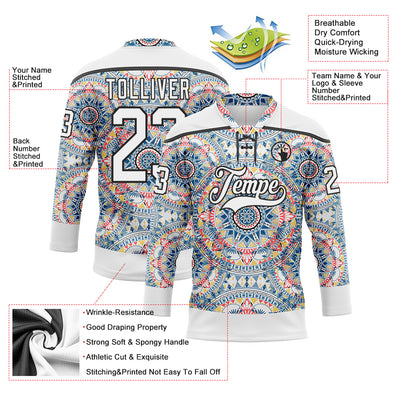 Custom White Black 3D Pattern Native Americans Tribal Indigenous People Hockey Lace Neck Jersey