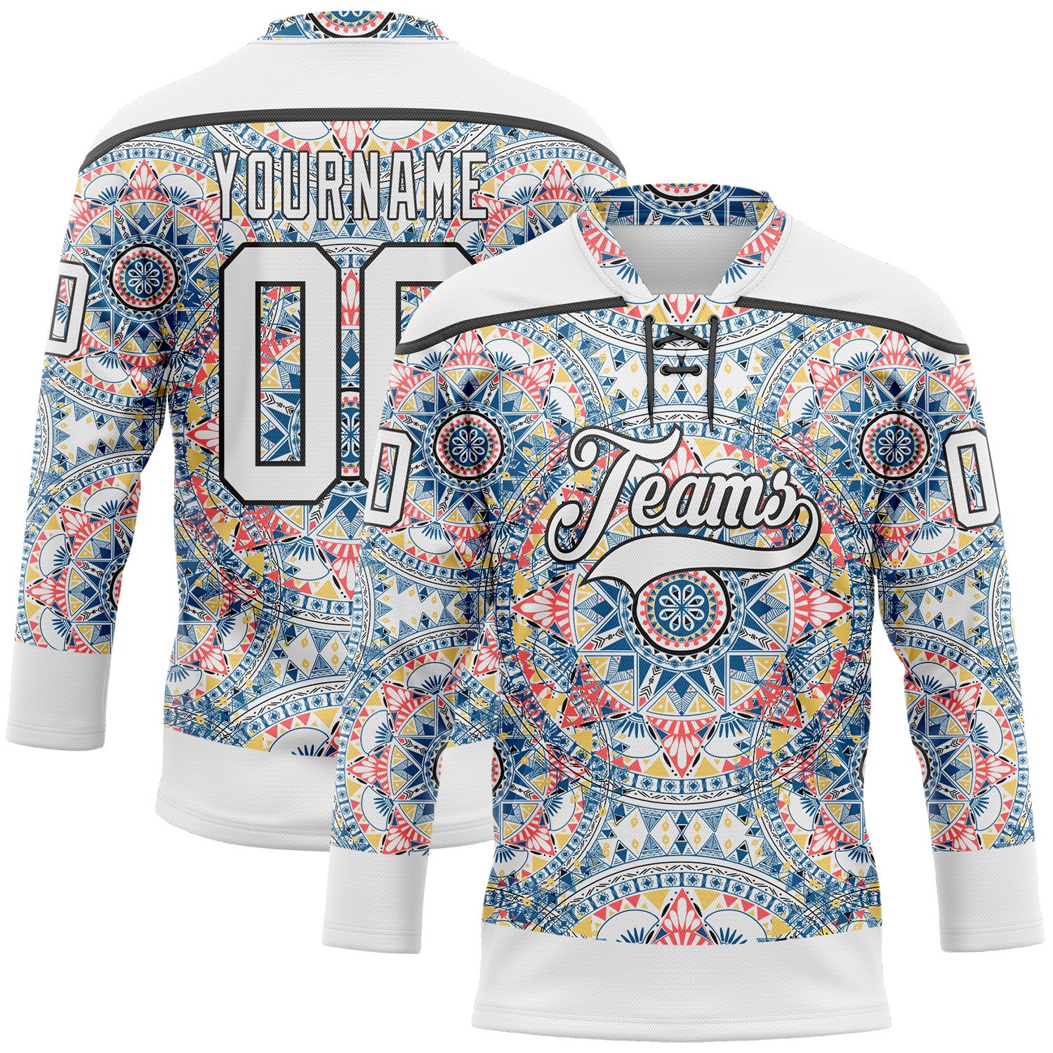 Custom White Black 3D Pattern Native Americans Tribal Indigenous People Hockey Lace Neck Jersey