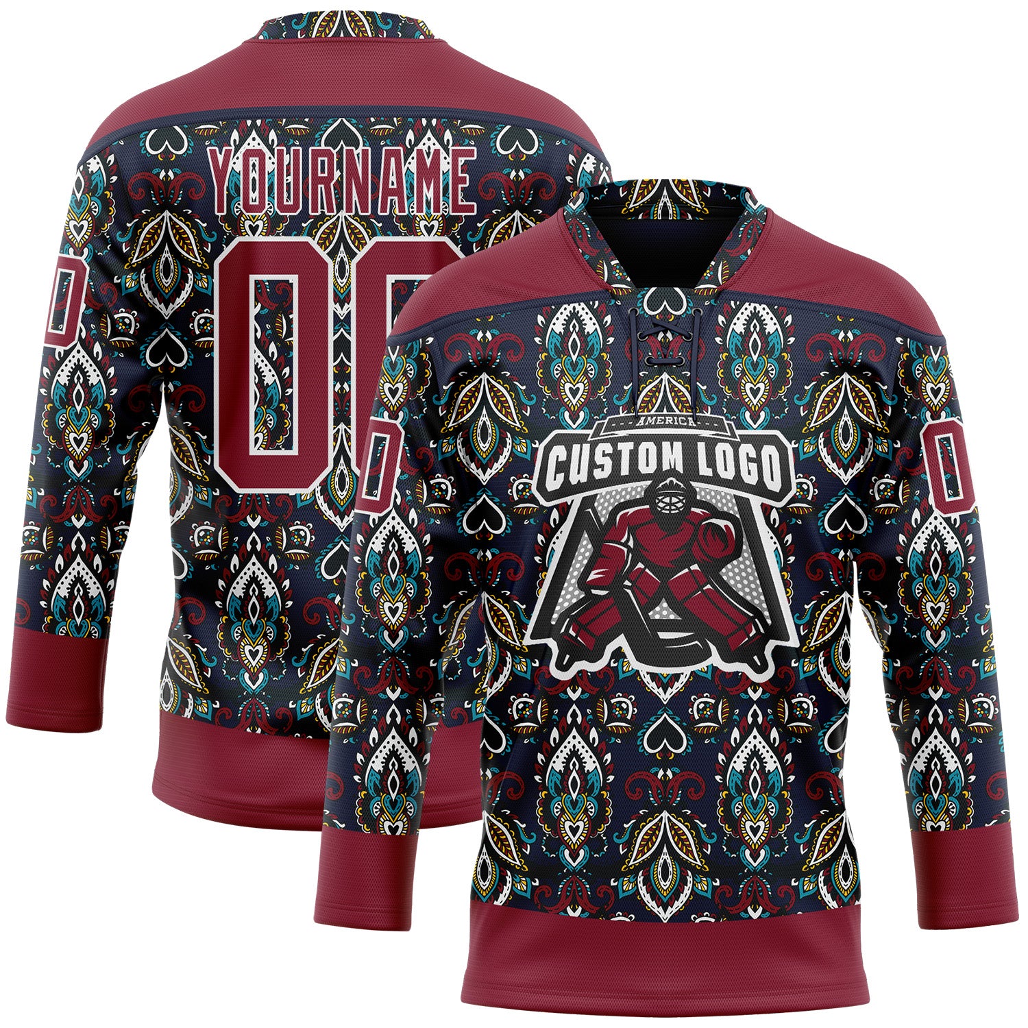 Custom Navy Crimson-White 3D Pattern Native Americans Tribal Indigenous People Hockey Lace Neck Jersey