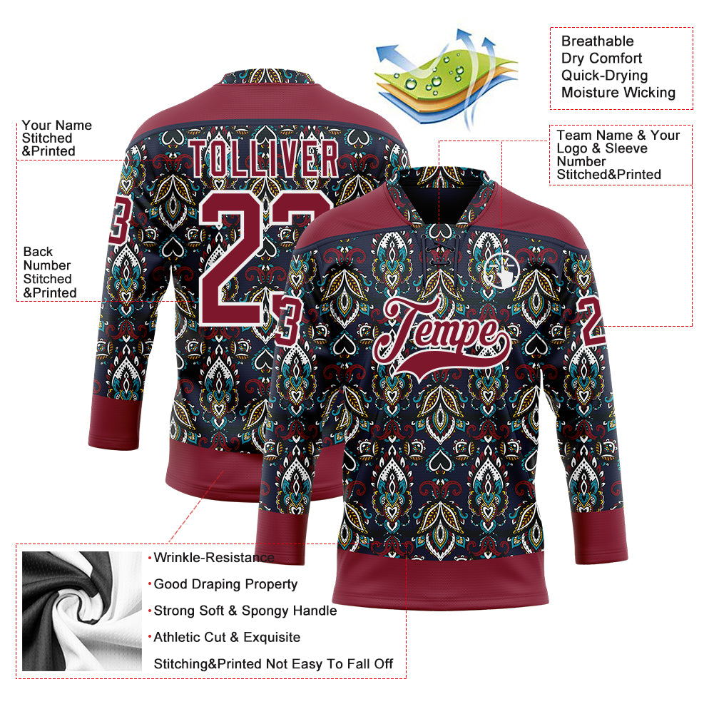 Custom Navy Crimson-White 3D Pattern Native Americans Tribal Indigenous People Hockey Lace Neck Jersey