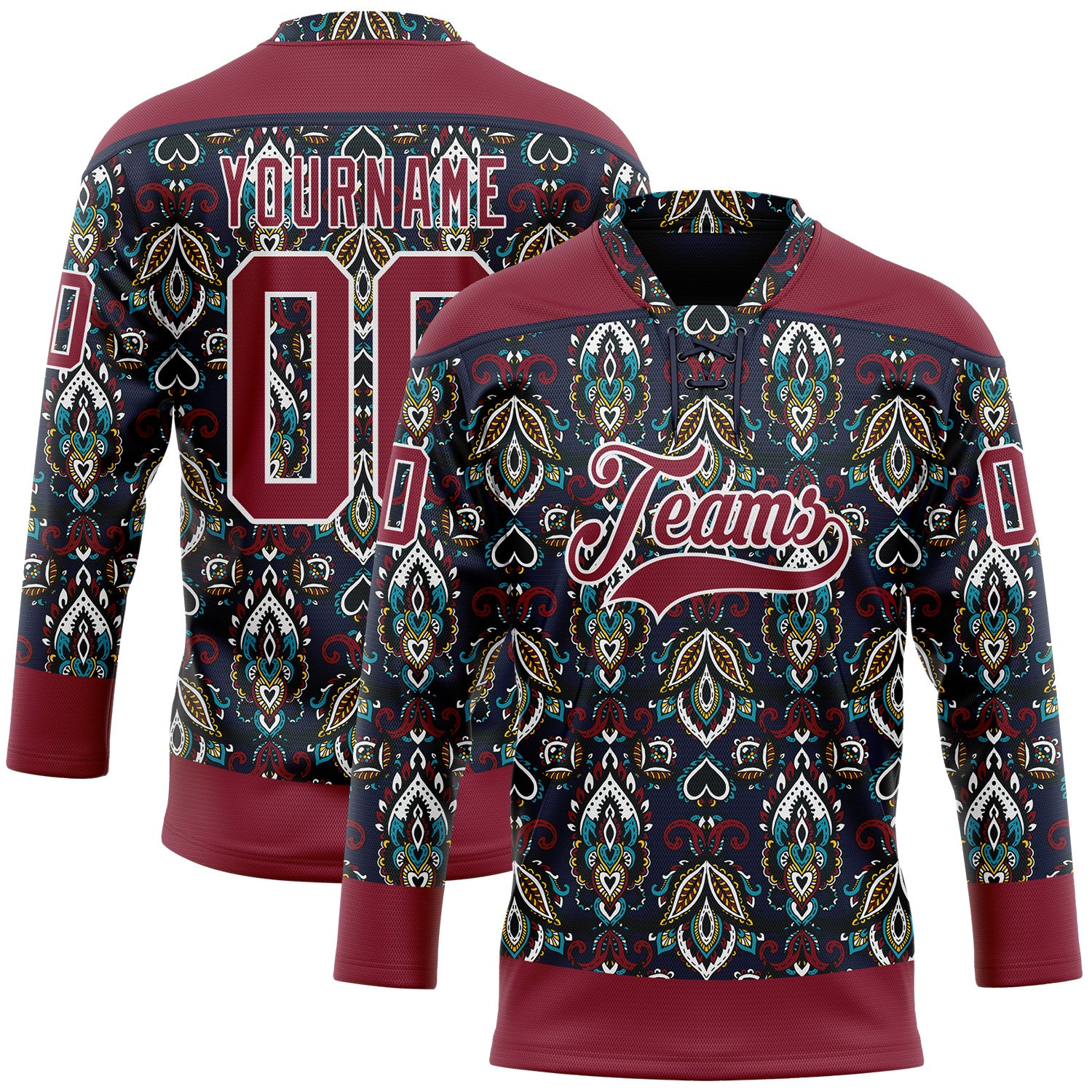 Custom Navy Crimson-White 3D Pattern Native Americans Tribal Indigenous People Hockey Lace Neck Jersey