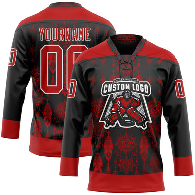 Custom Black Red-White 3D Pattern Native Americans Tribal Indigenous People Hockey Lace Neck Jersey
