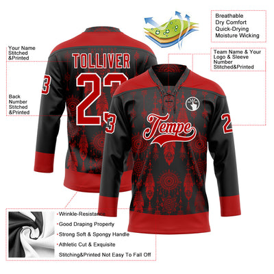 Custom Black Red-White 3D Pattern Native Americans Tribal Indigenous People Hockey Lace Neck Jersey