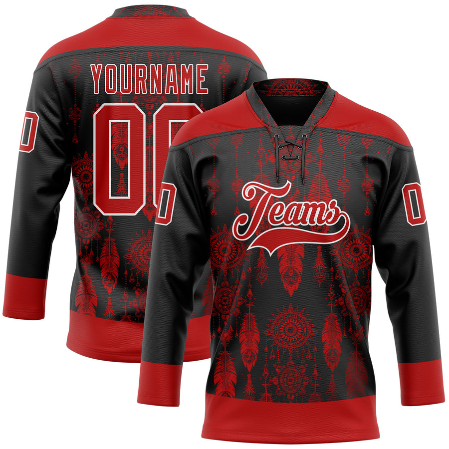Custom Black Red-White 3D Pattern Native Americans Tribal Indigenous People Hockey Lace Neck Jersey