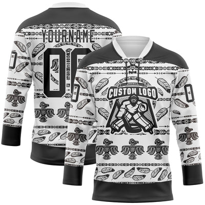 Custom White Black 3D Pattern Native Americans Tribal Indigenous People Hockey Lace Neck Jersey