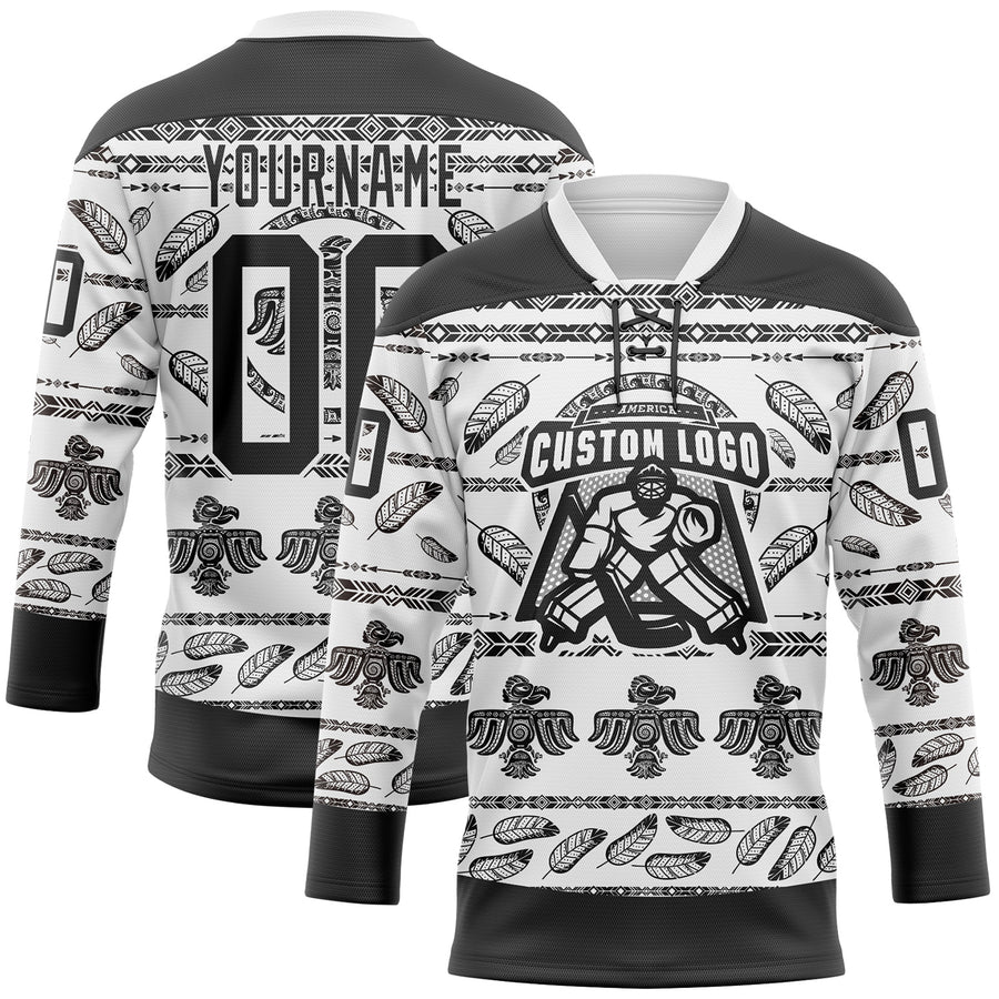 Custom White Black 3D Pattern Native Americans Tribal Indigenous People Hockey Lace Neck Jersey