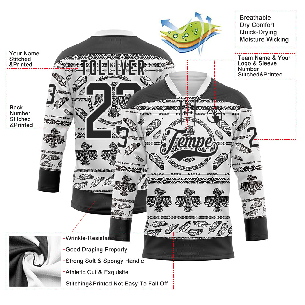 Custom White Black 3D Pattern Native Americans Tribal Indigenous People Hockey Lace Neck Jersey