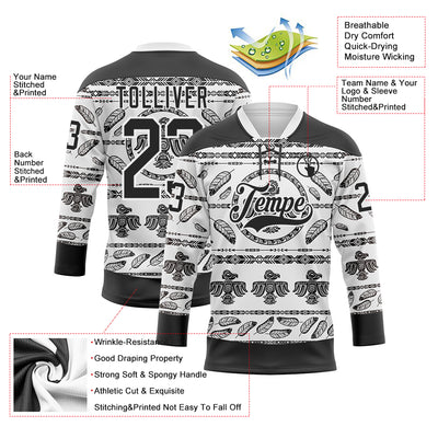Custom White Black 3D Pattern Native Americans Tribal Indigenous People Hockey Lace Neck Jersey
