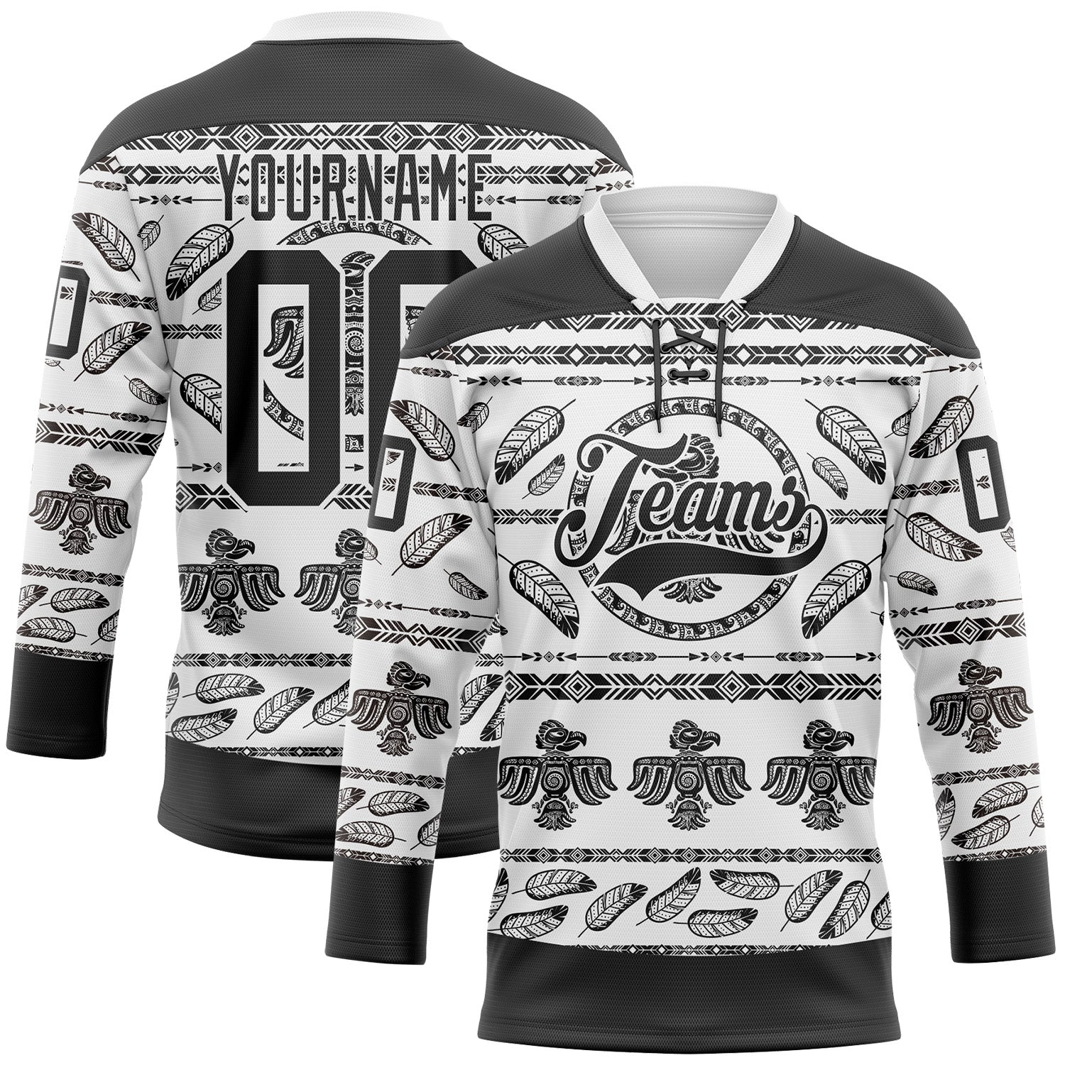Custom White Black 3D Pattern Native Americans Tribal Indigenous People Hockey Lace Neck Jersey