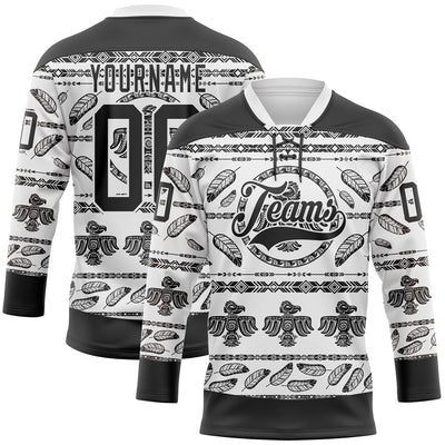 Custom White Black 3D Pattern Native Americans Tribal Indigenous People Hockey Lace Neck Jersey