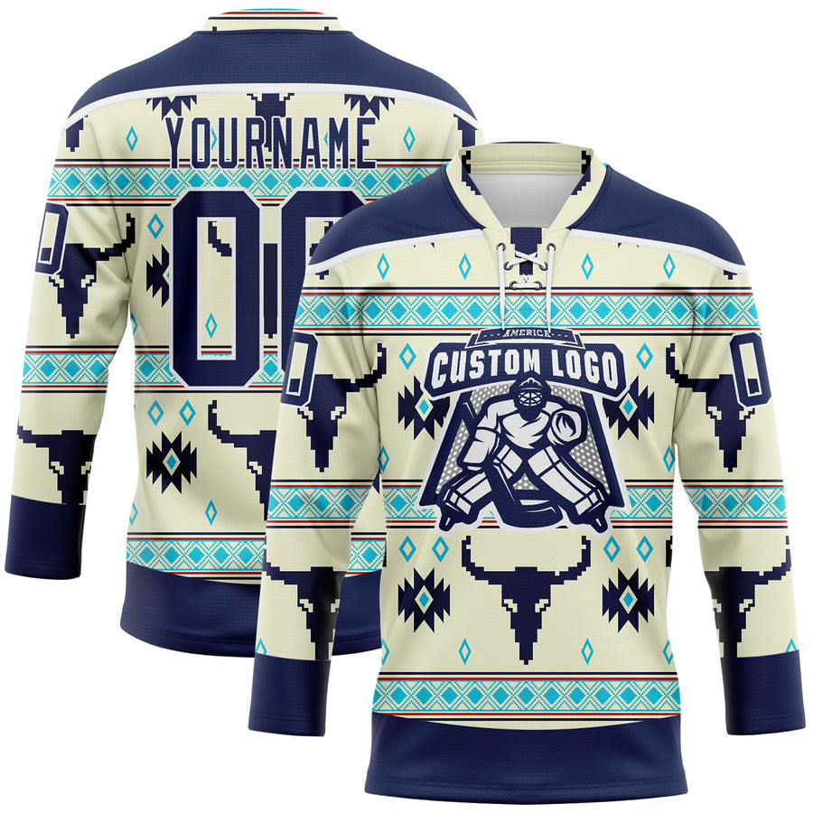 Custom Cream Navy-White 3D Pattern Native Americans Tribal Indigenous People Hockey Lace Neck Jersey