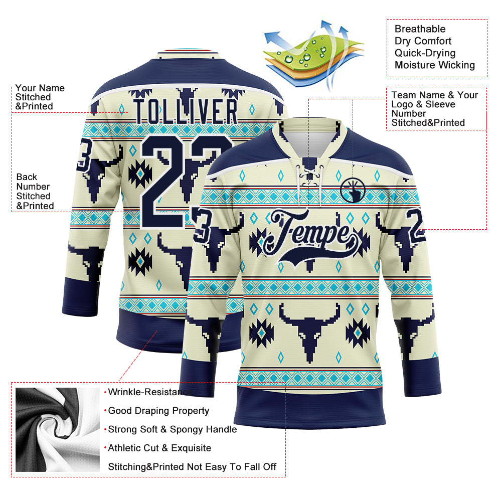 Custom Cream Navy-White 3D Pattern Native Americans Tribal Indigenous People Hockey Lace Neck Jersey