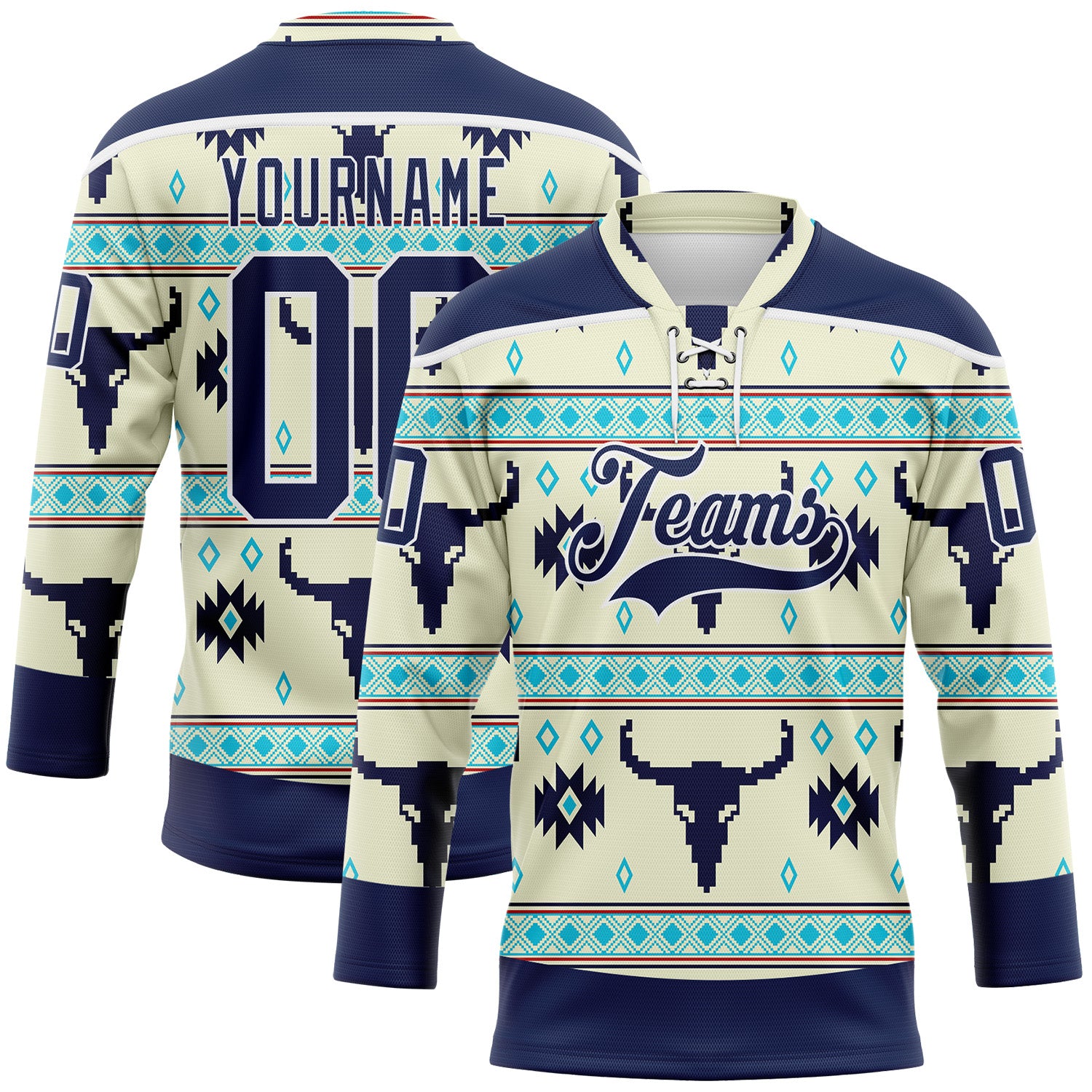 Custom Cream Navy-White 3D Pattern Native Americans Tribal Indigenous People Hockey Lace Neck Jersey