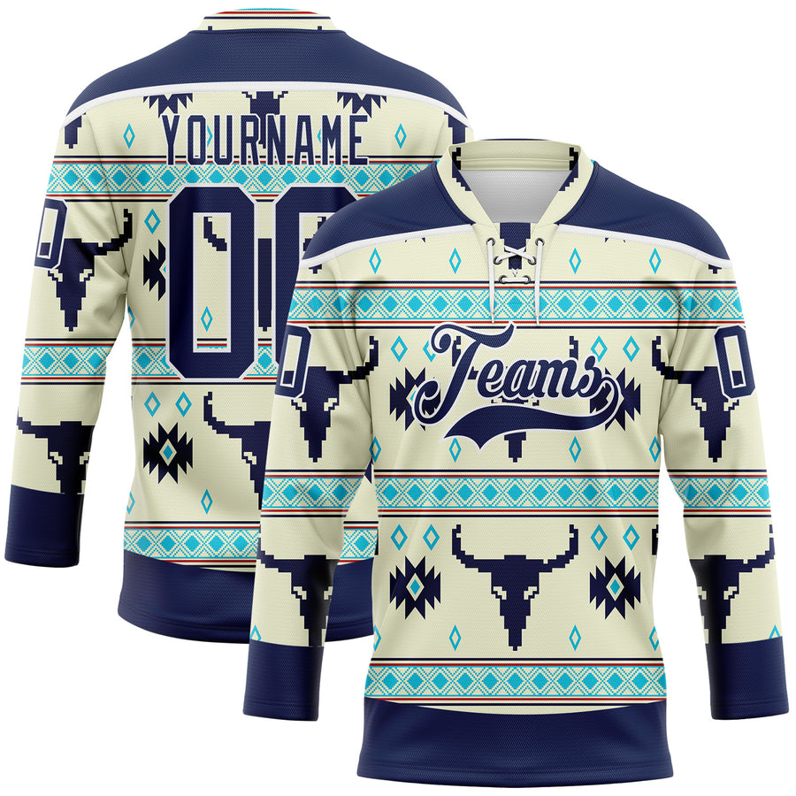 Custom Cream Navy-White 3D Pattern Native Americans Tribal Indigenous People Hockey Lace Neck Jersey