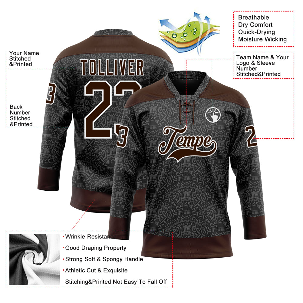 Custom Black Brown-White 3D Pattern Native Americans Tribal Indigenous People Hockey Lace Neck Jersey