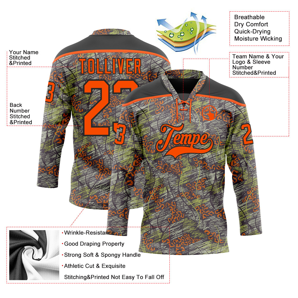 Custom Camo Orange-Black 3D Camouflage Grunge Leopard Hockey Lace Neck Jersey