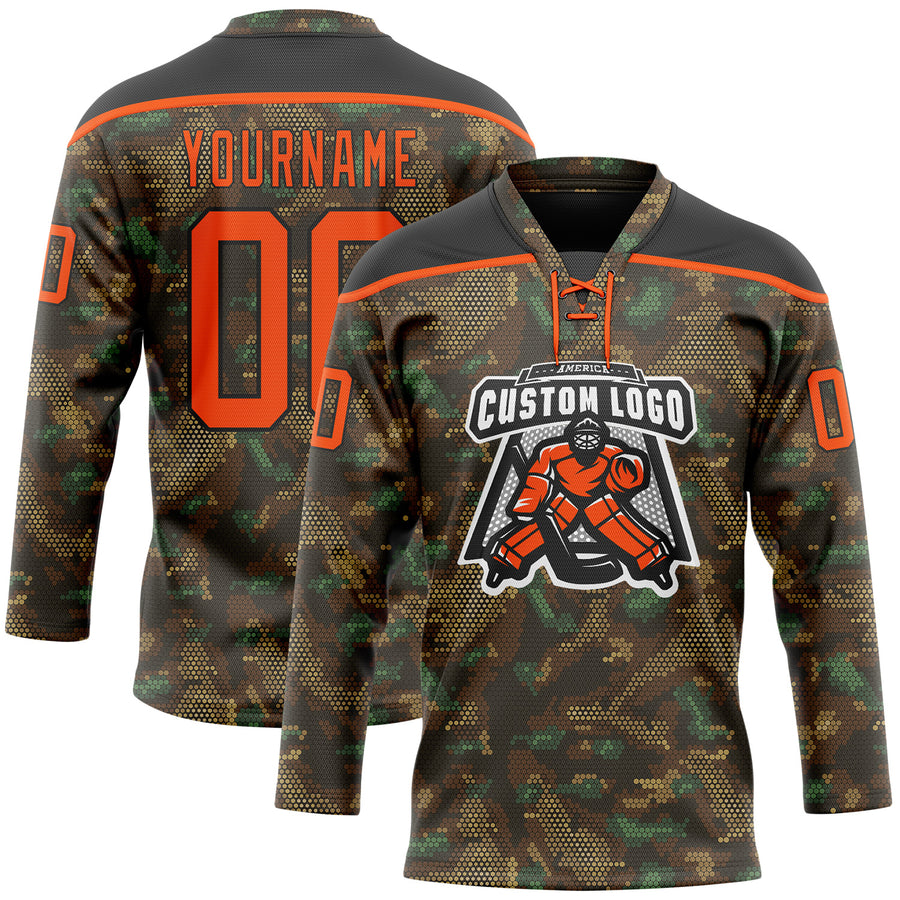 Custom Camo Orange-Black 3D Camouflage Grunge Digital Hockey Lace Neck Jersey