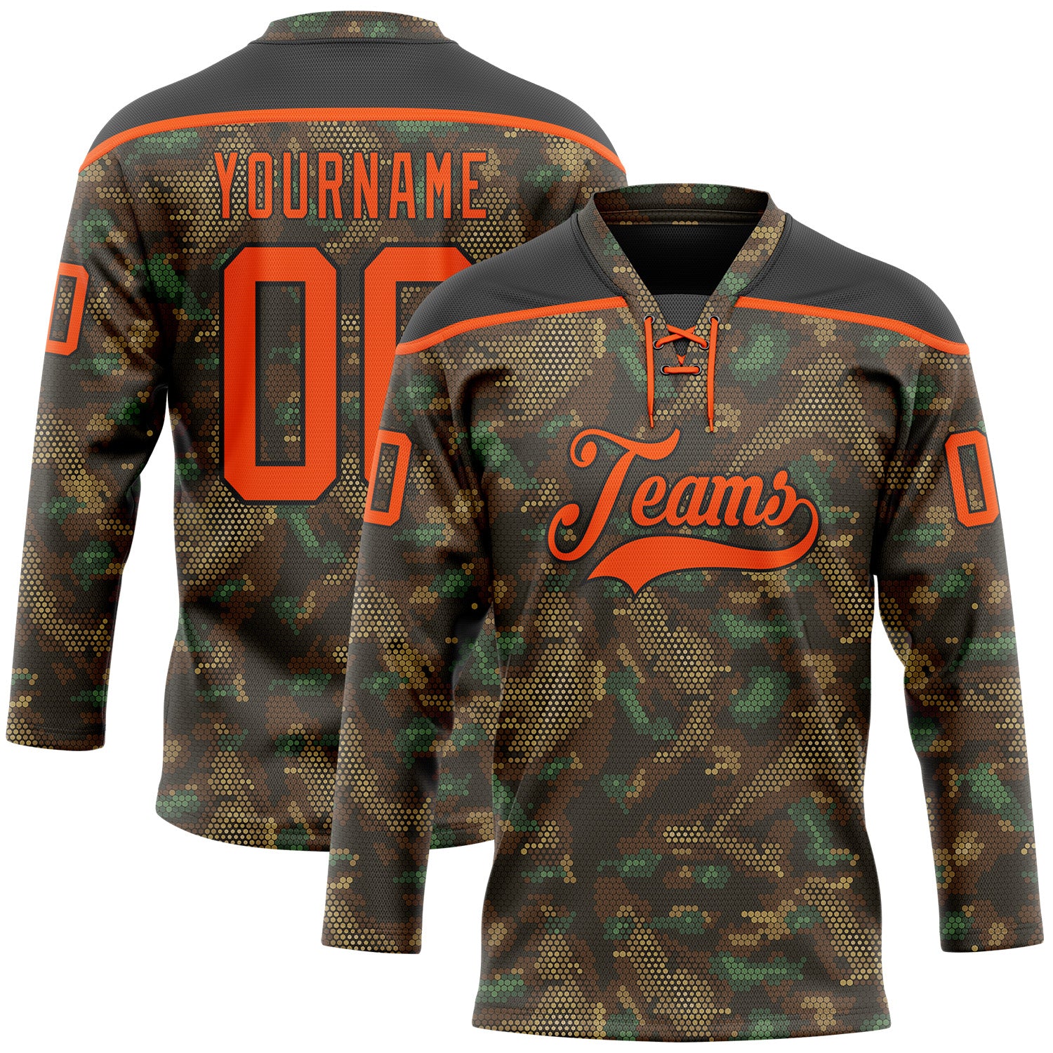 Custom Camo Orange-Black 3D Camouflage Grunge Digital Hockey Lace Neck Jersey