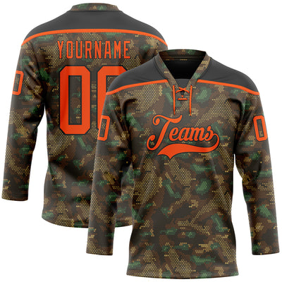 Custom Camo Orange-Black 3D Camouflage Grunge Digital Hockey Lace Neck Jersey