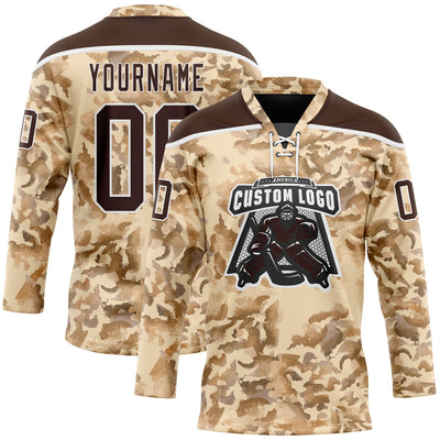 Custom Camo Brown-White 3D Camouflage Grunge Desert Hockey Lace Neck Jersey