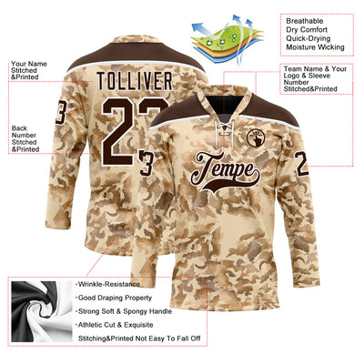 Custom Camo Brown-White 3D Camouflage Grunge Desert Hockey Lace Neck Jersey