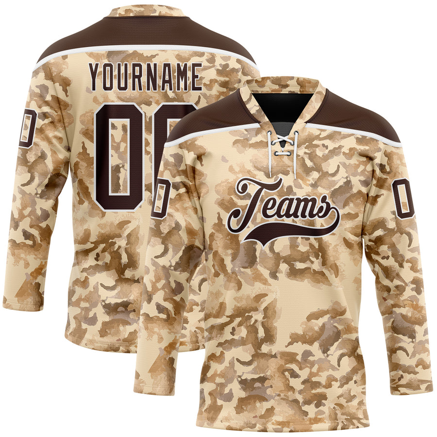 Custom Camo Brown-White 3D Camouflage Grunge Desert Hockey Lace Neck Jersey