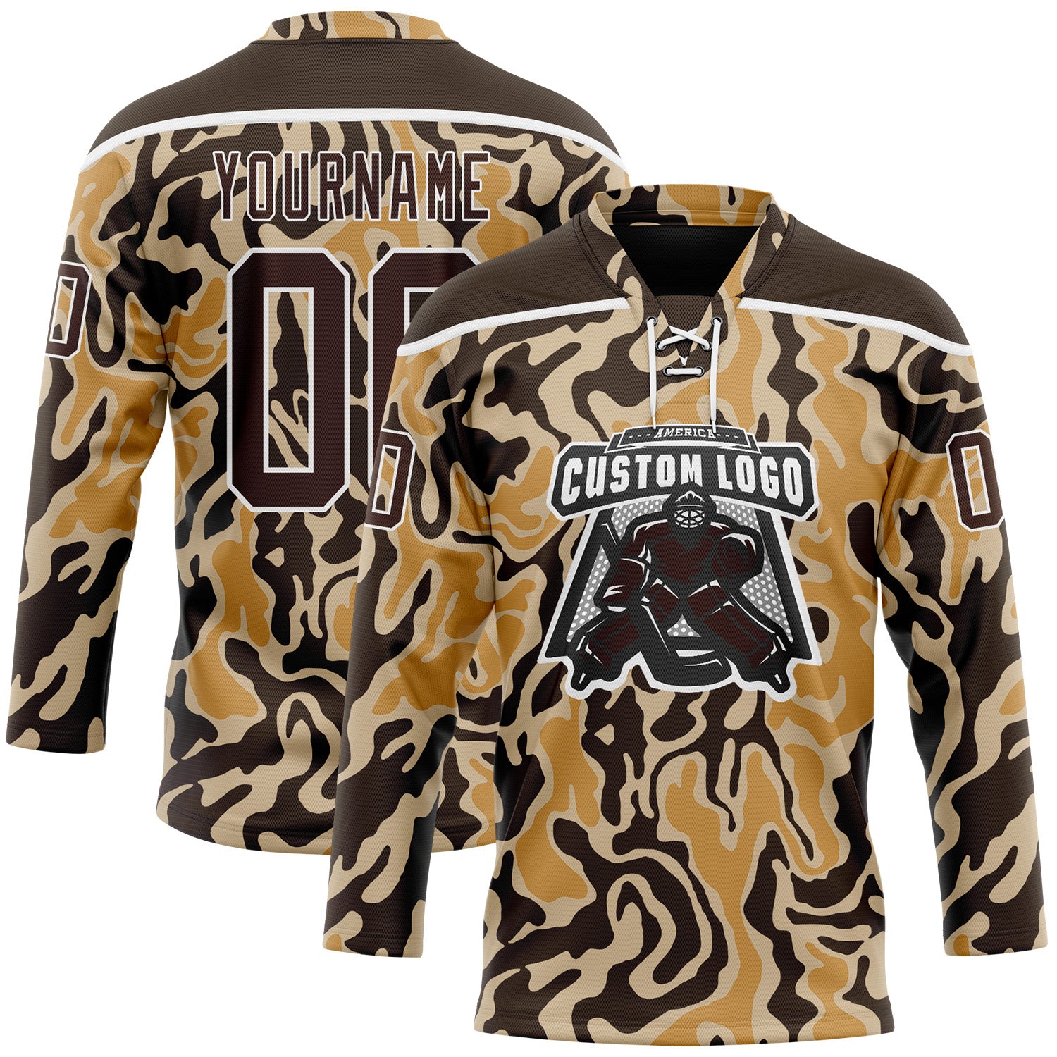 Custom Camo Brown-White 3D Camouflage Hockey Lace Neck Jersey