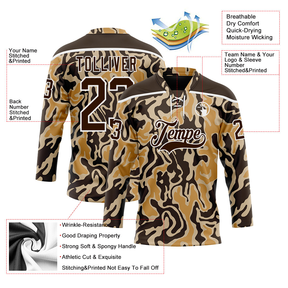 Custom Camo Brown-White 3D Camouflage Hockey Lace Neck Jersey