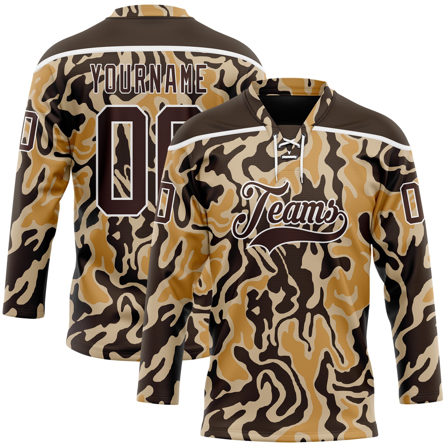 Custom Camo Brown-White 3D Camouflage Hockey Lace Neck Jersey