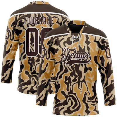 Custom Camo Brown-White 3D Camouflage Hockey Lace Neck Jersey