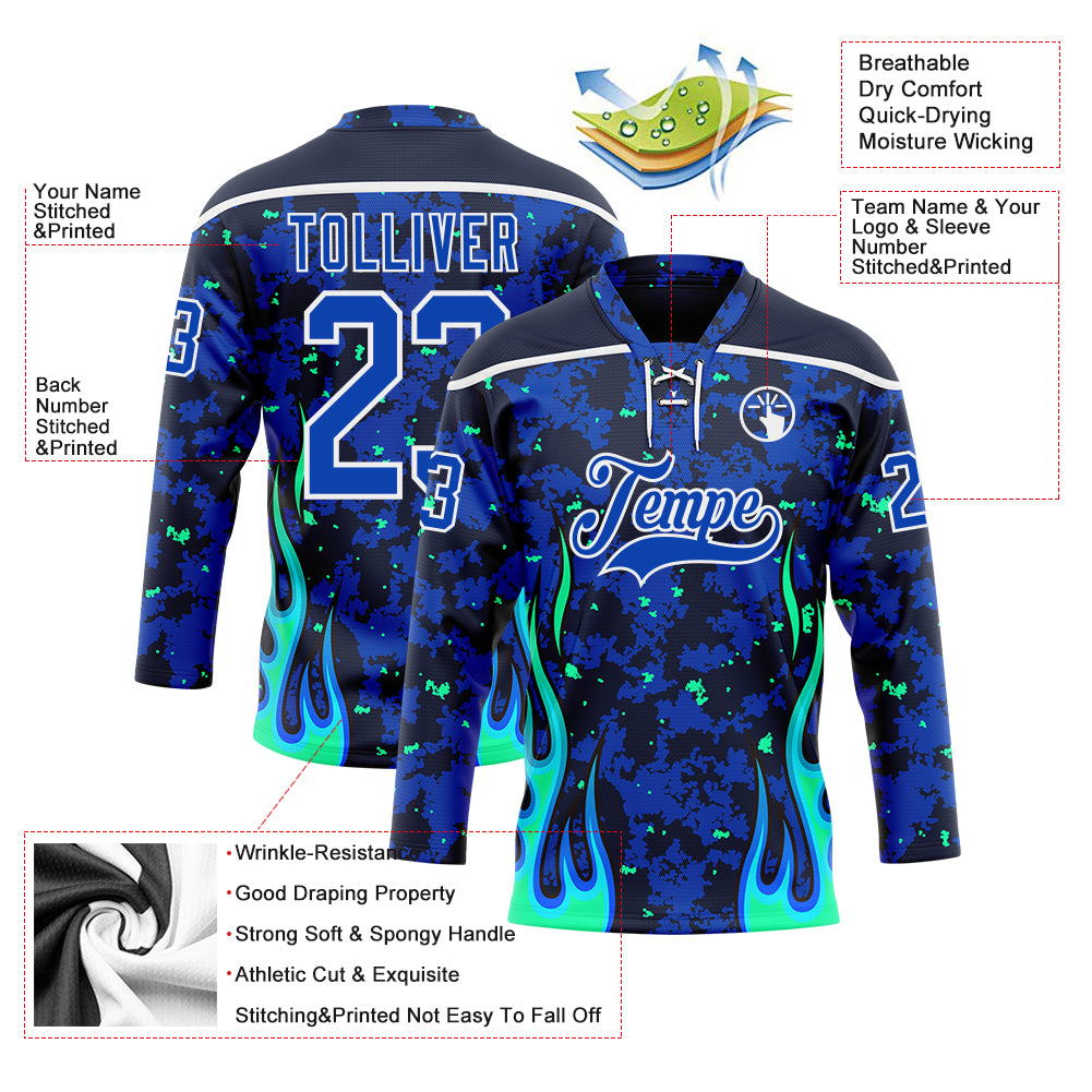 Custom Camo Thunder Blue Navy Green-White 3D Camouflage Flame Hockey Lace Neck Jersey