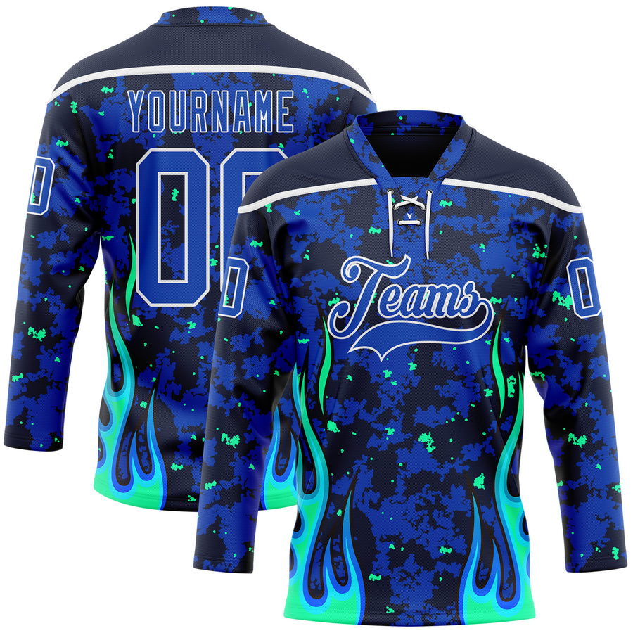 Custom Camo Thunder Blue Navy Green-White 3D Camouflage Flame Hockey Lace Neck Jersey