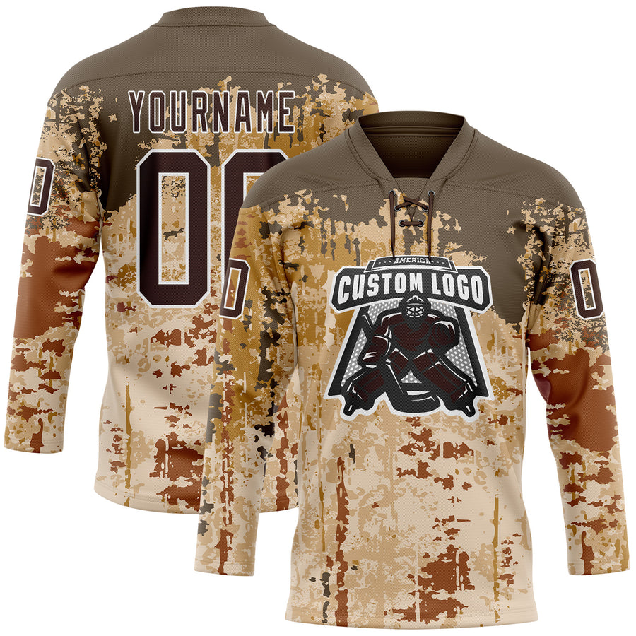 Custom Camo Brown-White 3D Camouflage Grunge Hockey Lace Neck Jersey