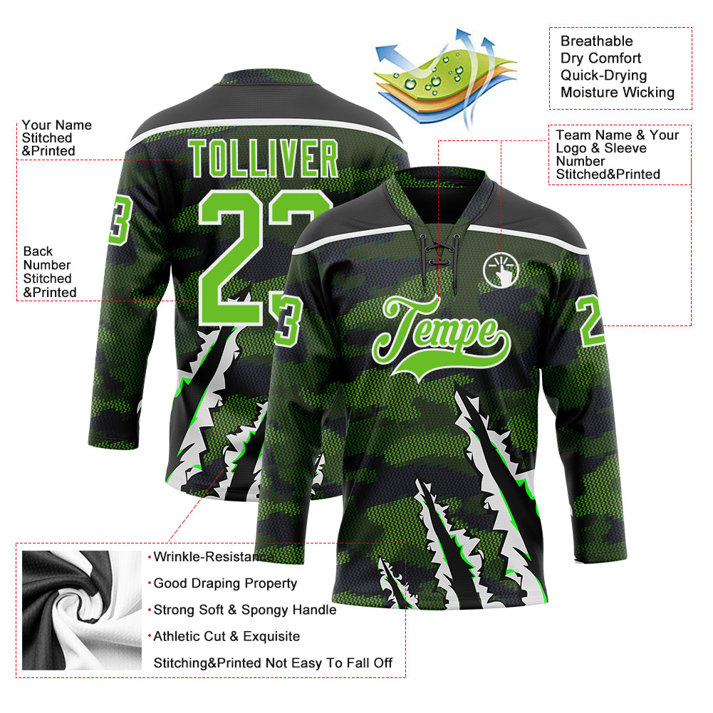 Custom Camo Aurora Green Black-White 3D Camouflage Claw Mark Hockey Lace Neck Jersey