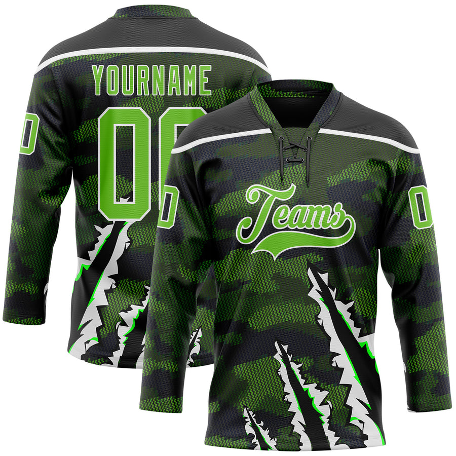 Custom Camo Aurora Green Black-White 3D Camouflage Claw Mark Hockey Lace Neck Jersey