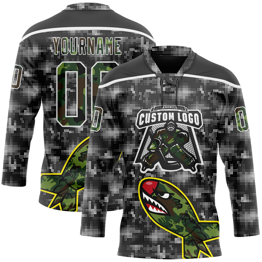 Custom Camo Black-White 3D Camouflage Digital Hockey Lace Neck Jersey