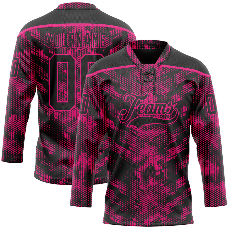 Custom Camo Black-Hot Pink 3D Camouflage Digital Hockey Lace Neck Jersey