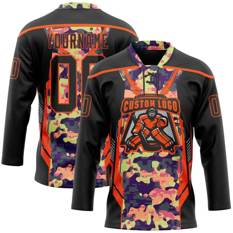 Custom Camo Black-Orange 3D Camouflage Pixel Hockey Lace Neck Jersey