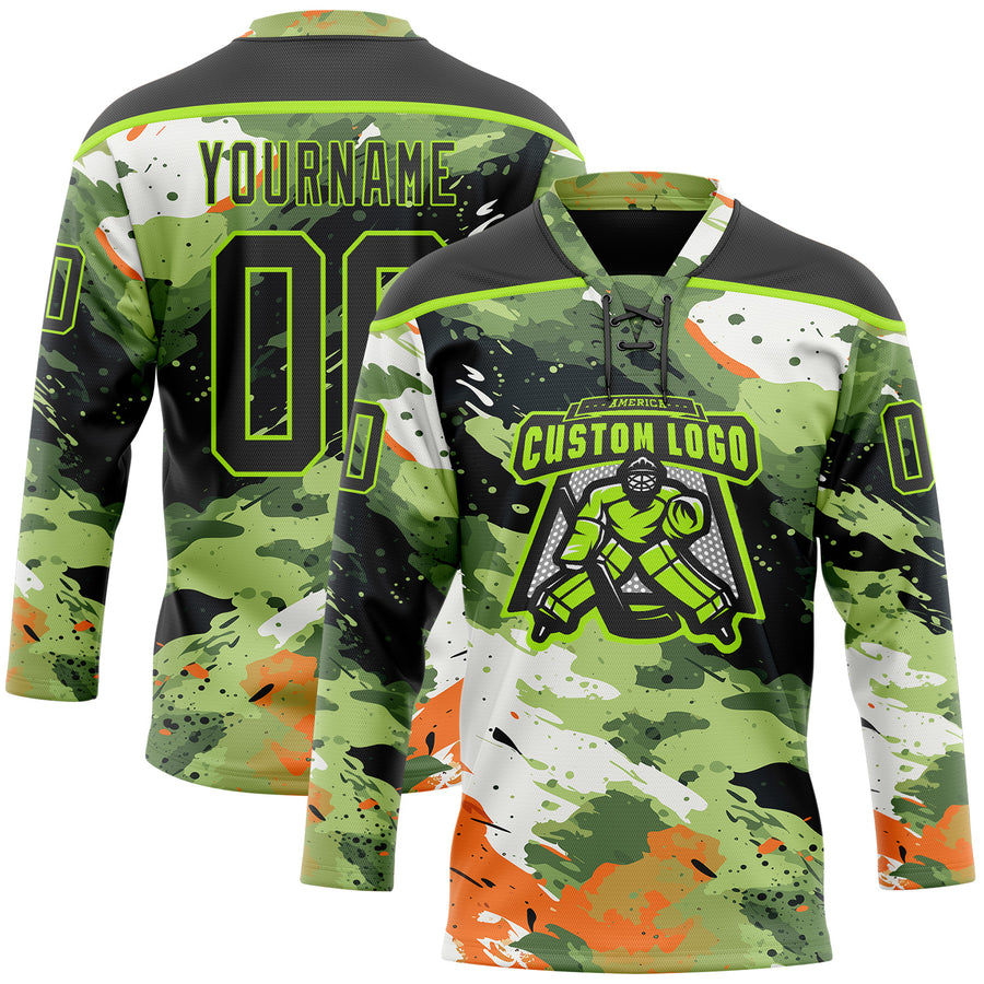 Custom Camo Black-Neon Green 3D Camouflage Hockey Lace Neck Jersey