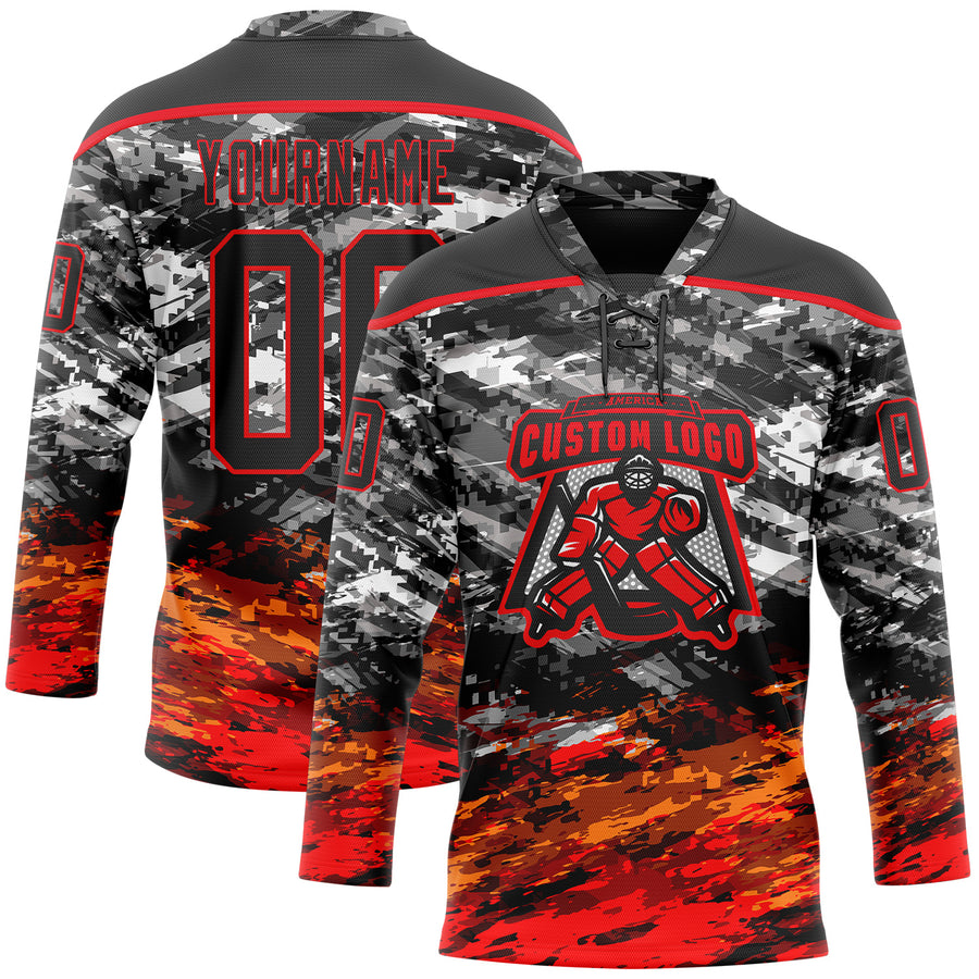 Custom Camo Black-Fire Red 3D Camouflage Hockey Lace Neck Jersey