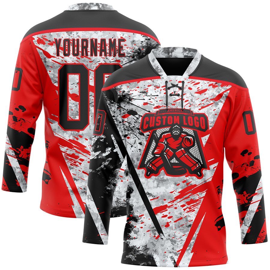 Custom Camo Black-Fire Red 3D Camouflage Grunge Hockey Lace Neck Jersey