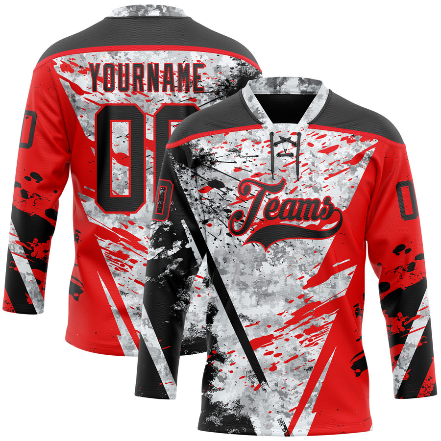 Custom Camo Black-Fire Red 3D Camouflage Grunge Hockey Lace Neck Jersey