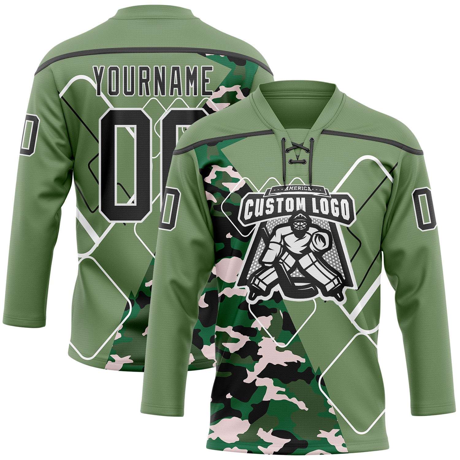 Custom Camo Black Green-White 3D Camouflage Geometric Hockey Lace Neck Jersey