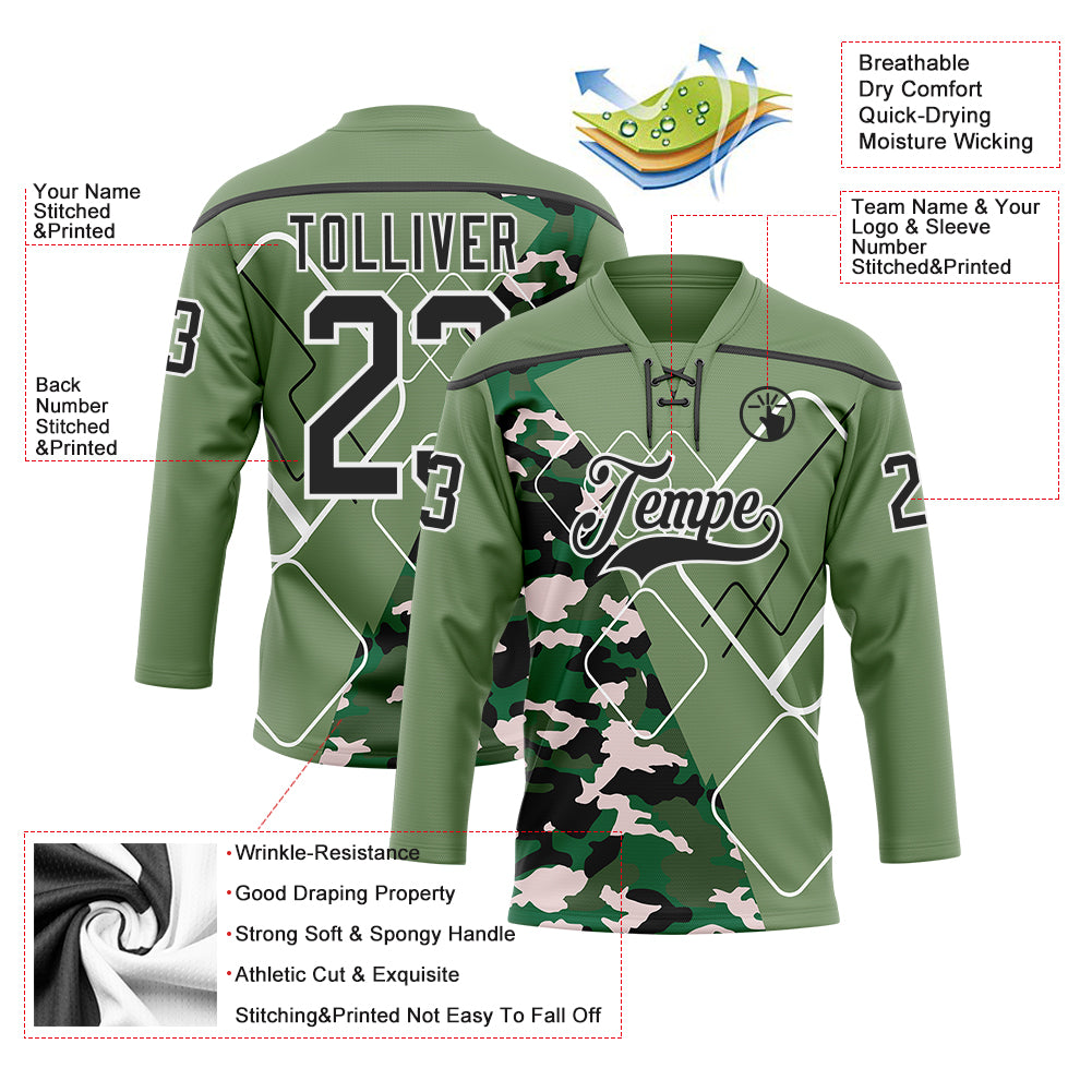 Custom Camo Black Green-White 3D Camouflage Geometric Hockey Lace Neck Jersey