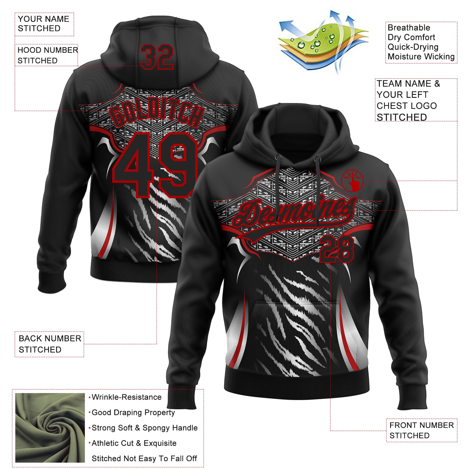 Custom Stitched Black Red-White E-sports Pattern Pullover Sweatshirt Hoodie