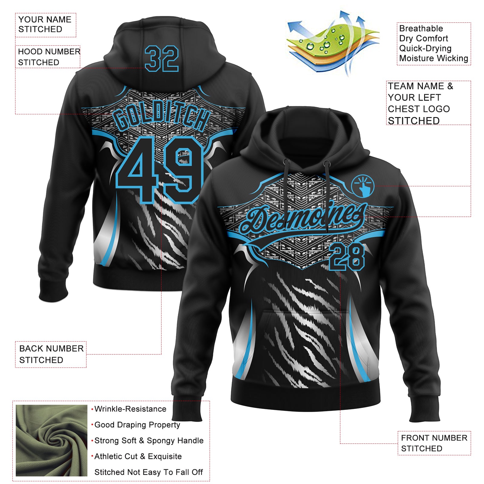 Custom Stitched Black Sky Blue-White E-sports Pattern Pullover Sweatshirt Hoodie