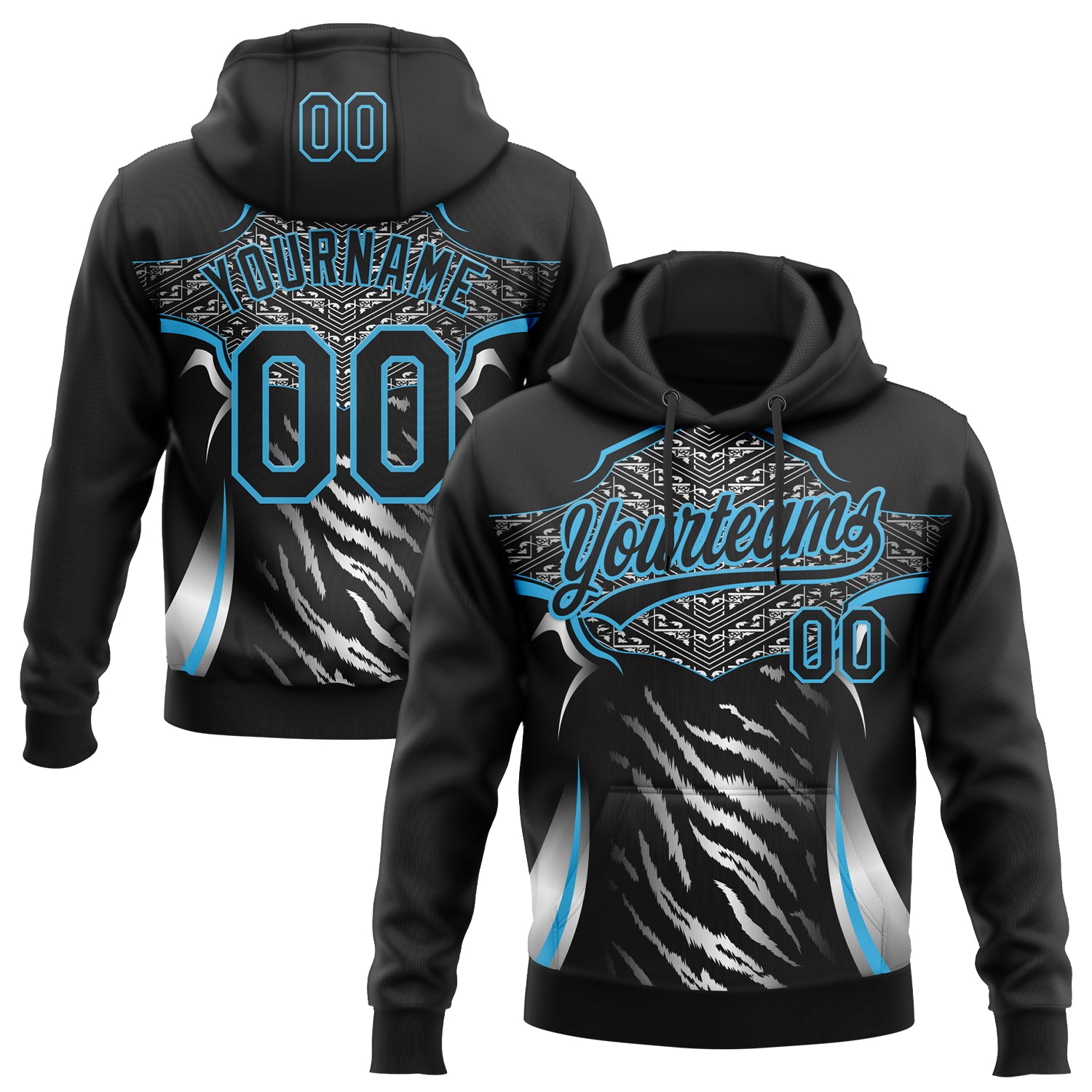 Custom Stitched Black Sky Blue-White E-sports Pattern Pullover Sweatshirt Hoodie
