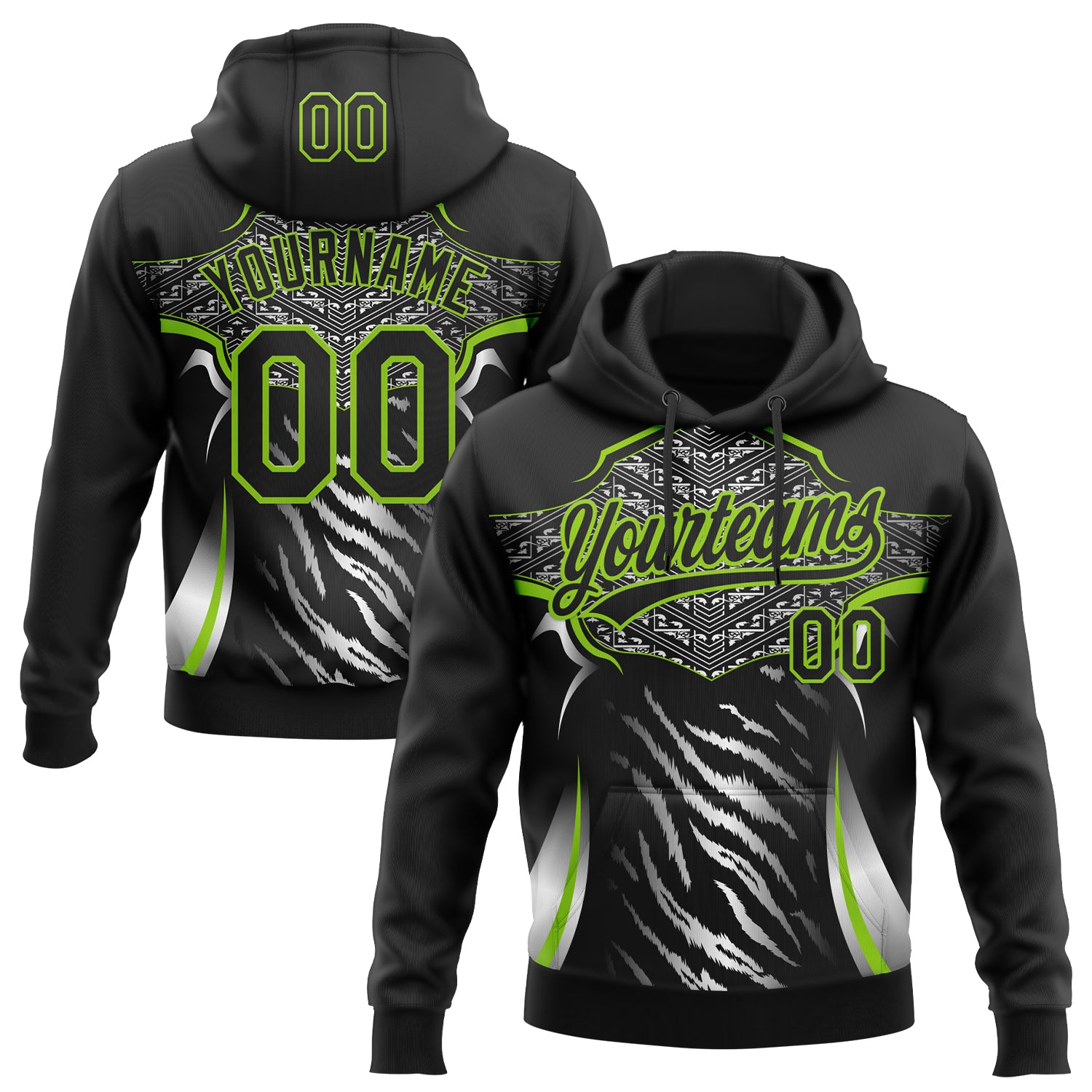 Custom Stitched Black Neon Green-White E-sports Pattern Pullover Sweatshirt Hoodie