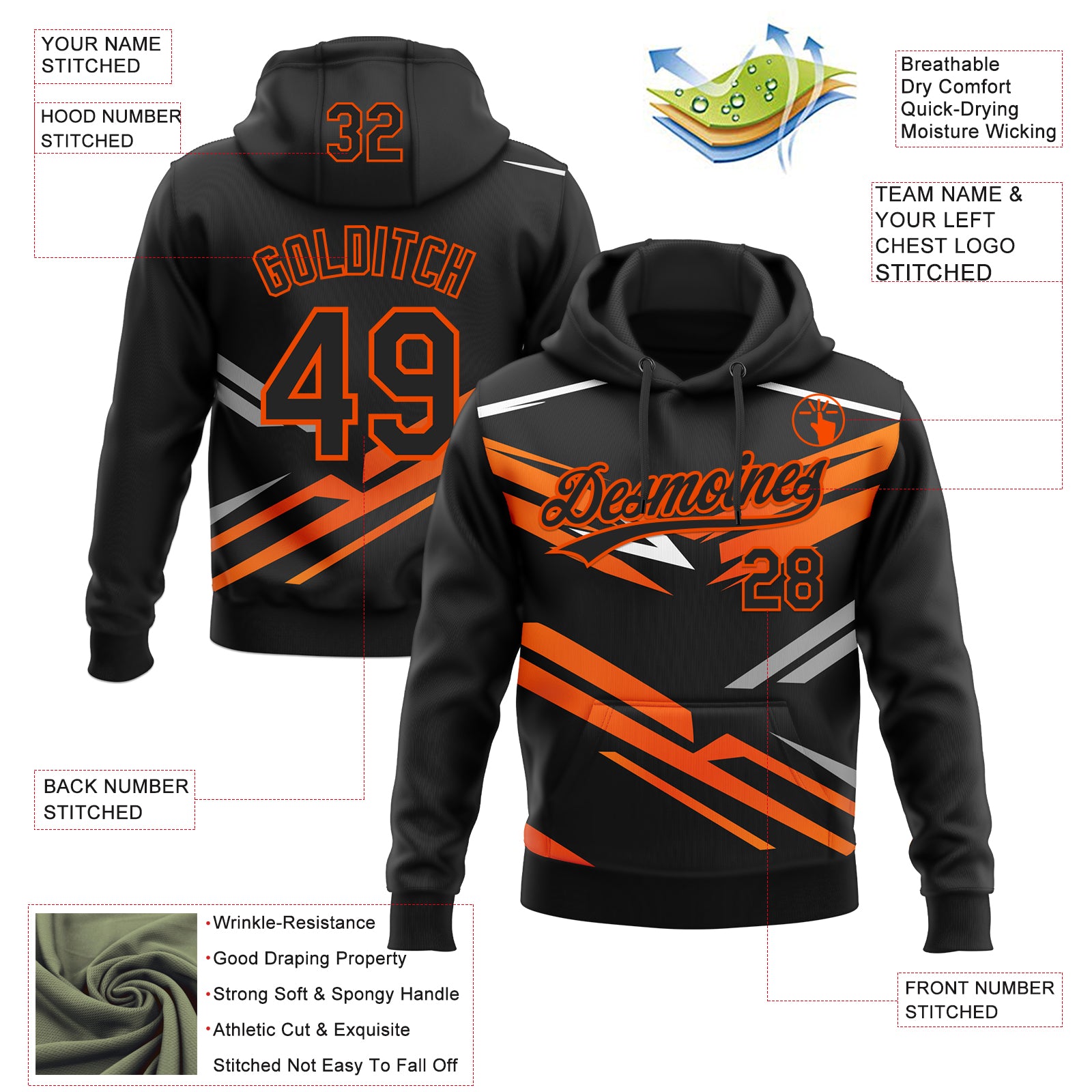 Custom Stitched Black Orange-White E-sports Pattern Pullover Sweatshirt Hoodie