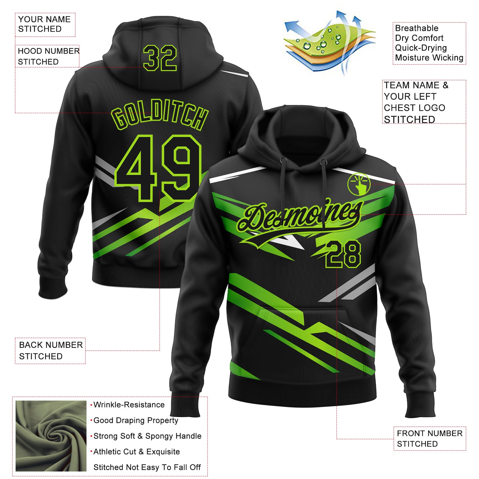 Custom Stitched Black Neon Green-White E-sports Pattern Pullover Sweatshirt Hoodie